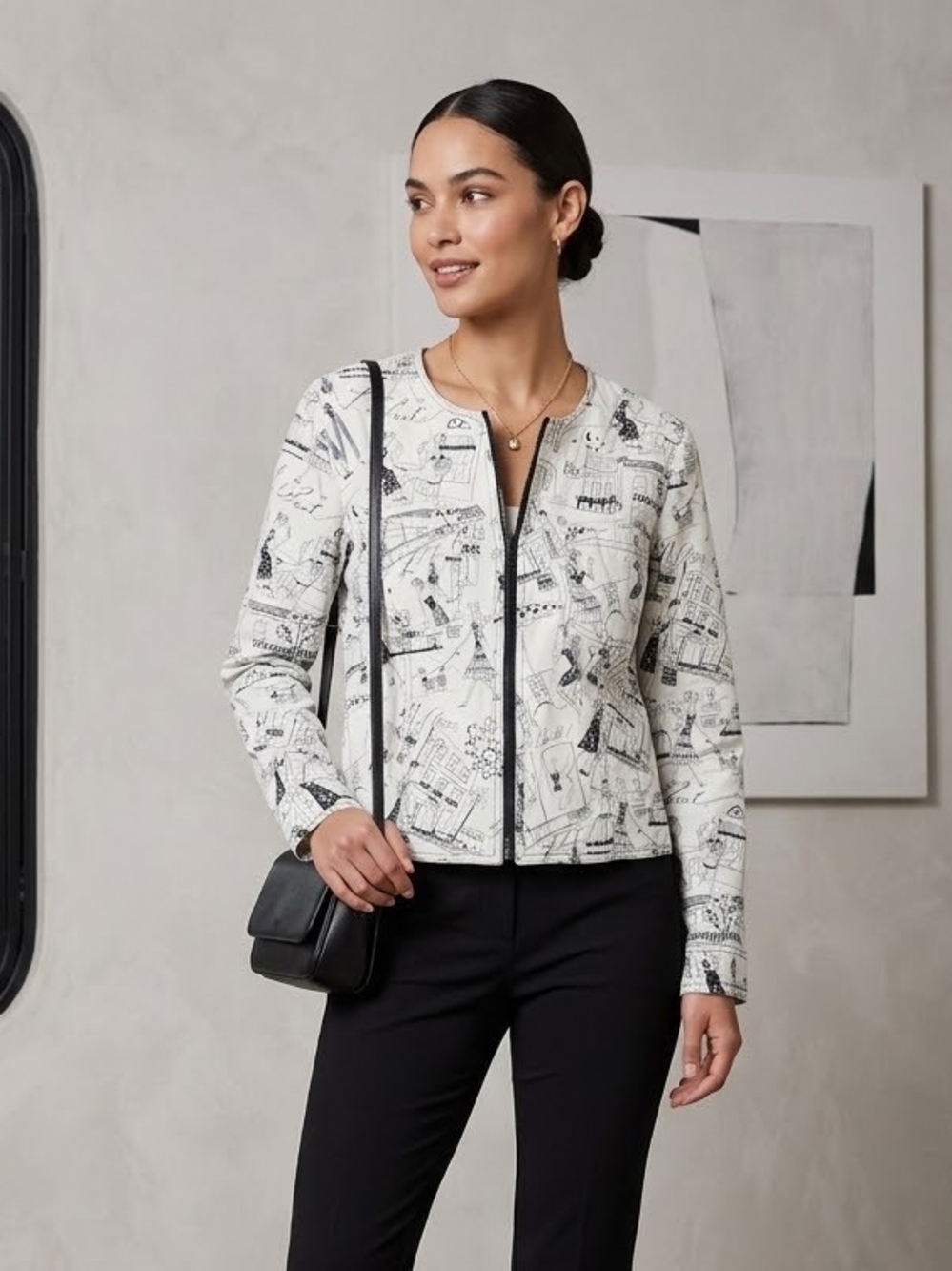 Printed Zip-Front Suit Jacket in White/Black